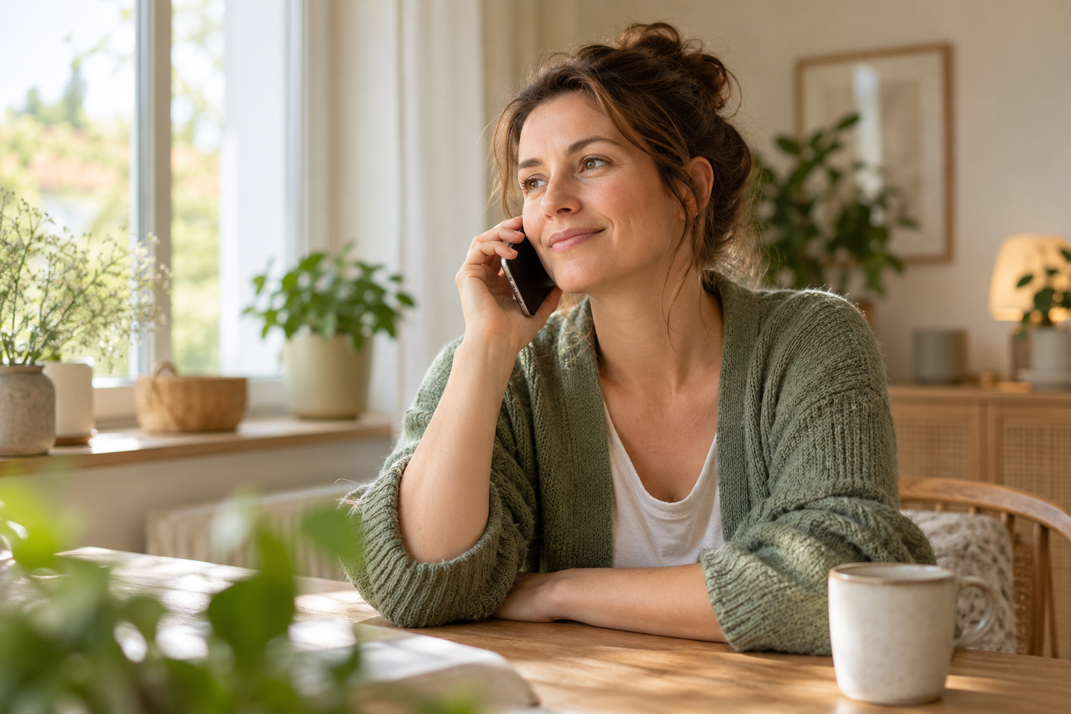 Frau bei einem entspannten telefonischen Erstkontakt